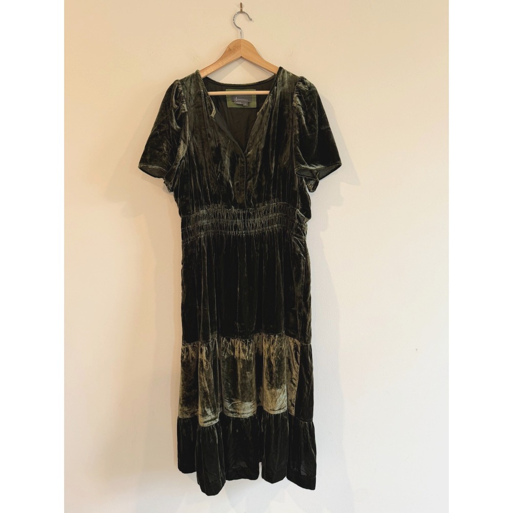 Anthropologie Somerset XL Olive Green Crushed Velvet Smocked Maxi Dress Tiered